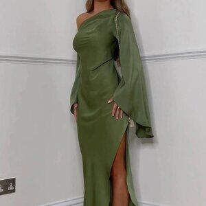 Zayla Satin Asymmetrical One Shoulder Bell Sleeve Slit Maxi Dress